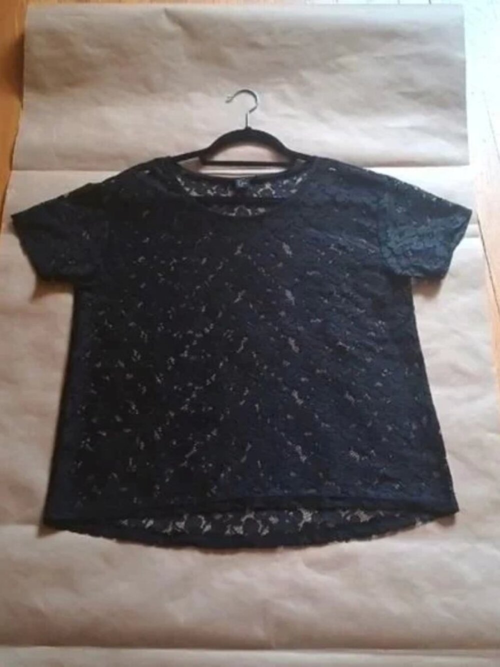 Black Lace Short Sleeve Blouse S  Sheer Romantic Layering Top Elegant Feminine
